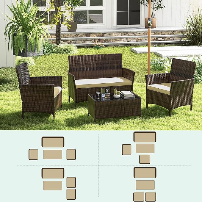 RELAX4LIFE 8-Piece Patio Furniture Set - Rattan Outdoor Conversation Bistro Set w/Cushions, Glass Coffee Table, Wicker Chairs & Loveseat for Garden Backyard Porch, Balcony Furniture Set (2, Beige)
