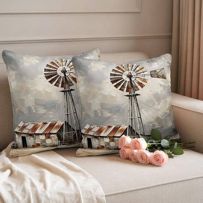 Gray Rustic Windmill Outdoor Pillow Covers 16"x16" Set of 2, Farmhouse Country Barn Oil Painting Waterproof Throw Pillow Covers for Patio Furniture, Decorative Cushion Covers for Porch
