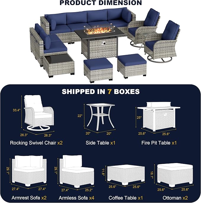 Outdoor Patio Furniture Set with Rocking Swivel Chair, 13-Piece Wicker Rattan Sectional Sofa Conversation Set with 55,000 BTU Fire Pit Table with Ottomans, Backyard Furniture, Navy Blue