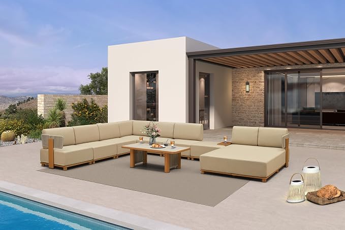 PURPLE LEAF Patio Furniture Set Modular U-Shaped Outdoor Sectional Sofa with 11" Thick Olefin Cushion 9-Piece Outdoor Conversation Set with Daybed & White Lights for Backyard Garden Poolside, Beige