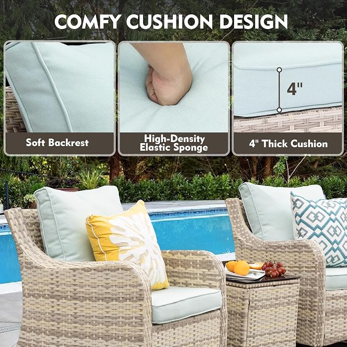 MEISSALIVVE Patio Furniture Set with Swivel Rocking Chairs, 10 Pieces Patio Conversation Set, Outdoor Wicker Sofa Couch with Waterproof Cushions for Lawn Backyard Porch (Blue)