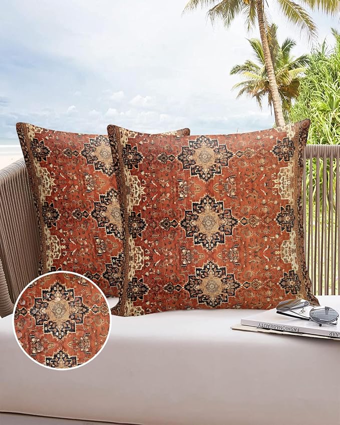Southwest Outdoor Pillow Covers Waterproof, All Weather Cushion Case Set of 2, Geometric Stripe Boho Native Flower Print Decorative Pillowcases for Sofa Couch Bed Decor Patio Furniture 18"x18"