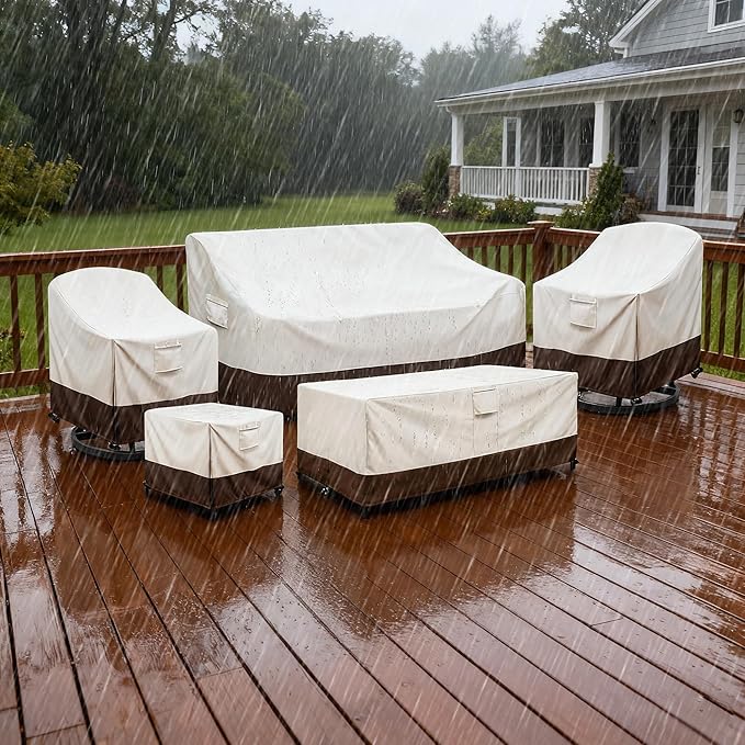 Patio Ottoman Cover Waterproof Patio Wicker Side Table Cover, 22W x 22D x 18H Inches Outdoor Lawn Patio Furniture Covers, Beige