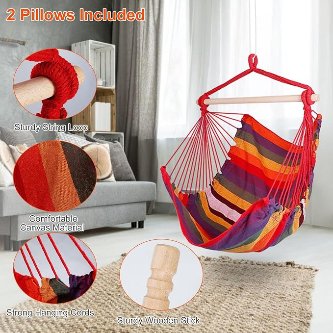 Hammock Chair Hanging Rope Swing - 2 Cushions Pillows Included - Portable Large Macrame Hanging Chair with Pocket - Camping Rope Seat