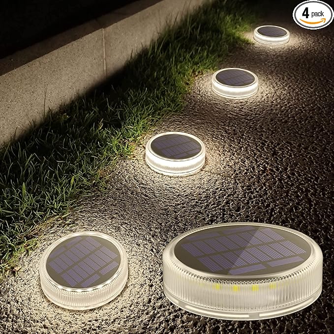 Lacasa Solar Deck Lights Outdoor Waterproof LED Solar Step Lights Driveway Lights, White 4000K, for Garden Yard Patio Pathway, Round, 4 Pack