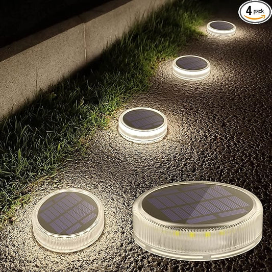 Lacasa Solar Deck Lights Outdoor Waterproof LED Solar Step Lights Driveway Lights, White 4000K, for Garden Yard Patio Pathway, Round, 4 Pack