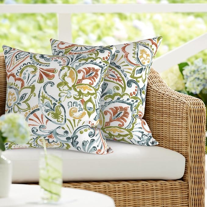 DYTXIII Pack of 2 Outdoor Waterproof Pillow Covers ONLY, 18"x18" Square Decorative Double Printed Throw Pillow Cases for Patio Couch Porch Furniture, Paisley Botanical