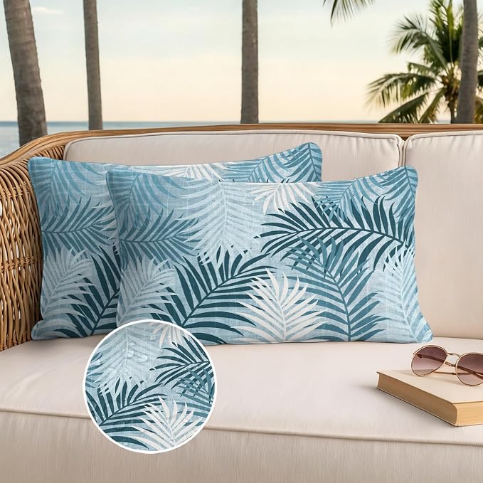 Teal Palm Leaves Waterproof Outdoor Pillow Covers Set of 2 Home Decor, Summer Tropical Leaf Plant Lumbar Pillowcase Patio Pillow Covers for Couch Bench Patio Furniture Garden 20x12in