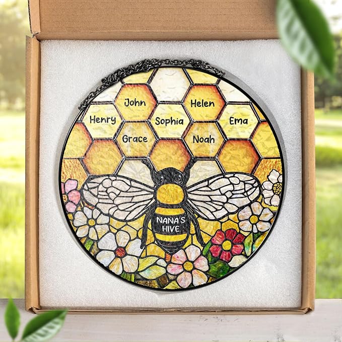 LOVELYPOD Custom Grandma’s Bee Stained Glass Sun Catcher, Personalized Window Hanging Sun Catcher with Kids Name, Nana’s Blessings, Gifts for Mom Grandma, Personalized for Grandma
