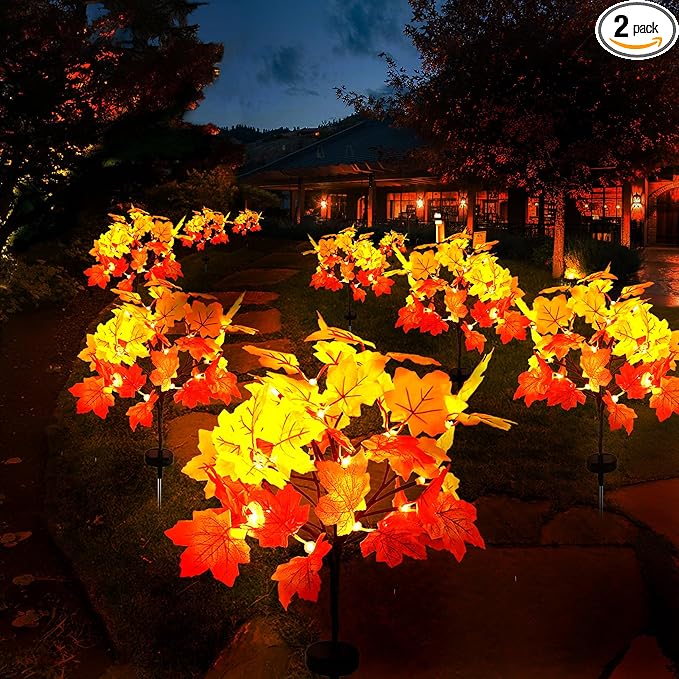 2Pack Fall Solar Lights Outdoor Decorative, Waterproof 40Led Orange Fall Lights with 80 Maple Leaves Path Lights, Solar Lights for Fall Autumn Patio Garden Halloween Thanksgiving Decorations