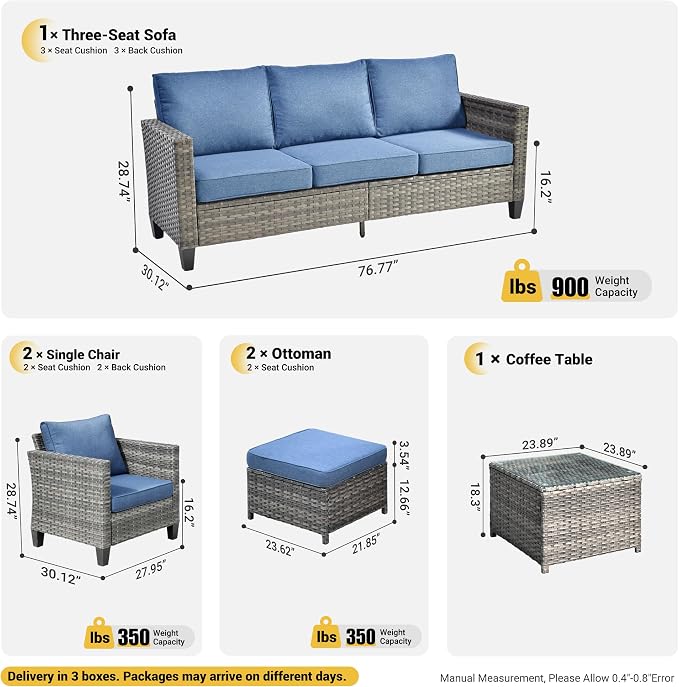 ovios 6 Pieces Patio Furniture Set, Outdoor Wicker Sofa Couch with Glass Table Comfy Cushions, All Weather Grey Rattan Conversation Set for Backyard Deck Porch, Denim Blue