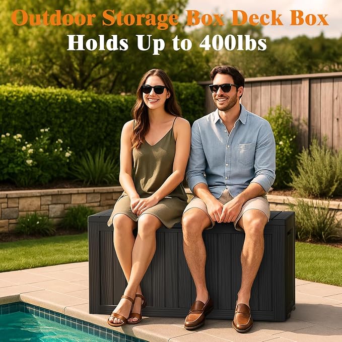 Outdoor Storage Box, 75 Gallon Waterproof Deck Boxes, Resin, Lockable Pool Deck Box for Garden Tools, Patio,Pool Accessories, Cushions, Large Delivery Boxes with Handle，Weatherproof & UV-Resistant