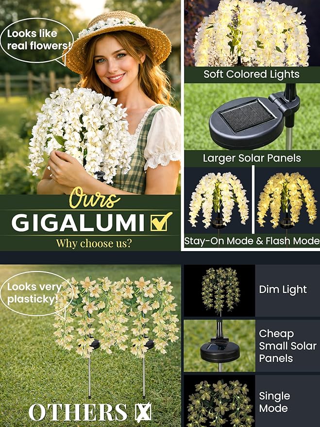 GIGALUMI Solar Lights Outdoor for Garden Decor, 3 Pack Solar Flower Lights Waterproof, 2 Lighting Modes Wisteria for Pathway,Yard, Patio Decoration, Gardening Gifts for Women (White)