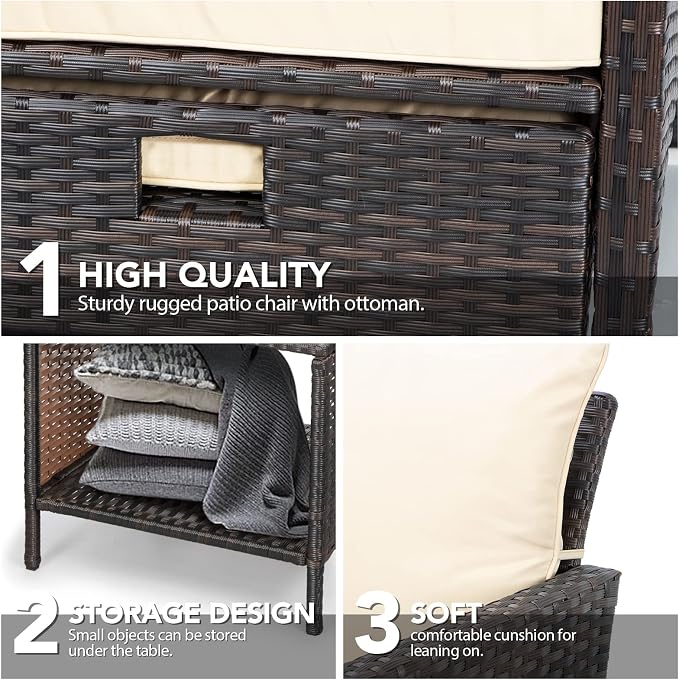 LEVELEVE Balcony Furniture 5 Piece Patio Conversation Set, PE Wicker Rattan Outdoor Lounge Chairs with Soft Cushions 2 Ottoman&Glass Table for Porch, Lawn-Brown Wicker