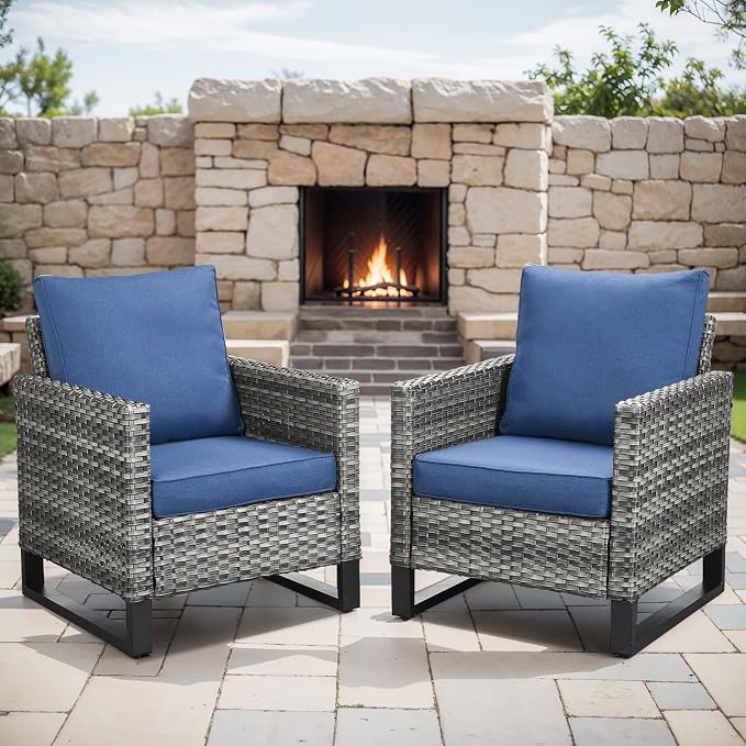 Rilyson Luxury Wicker Outdoor Patio Chairs Set of 2-Classic Rattan Chairs Water Resistant,Comfortable Cushions and Sturdy Metal Frame for Outside Porch Deck Backyard(Mixed Grey/Blue)