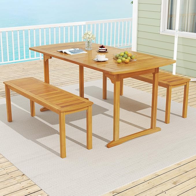 Tangkula 3 Piece Acacia Wood Patio Dining Table Set, 63" Large Patio Table & 2 Backless Benches w/Umbrella Hole, Farmhouse Indoor Outdoor Diner Furniture for Garden Poolside Deck Kitchen