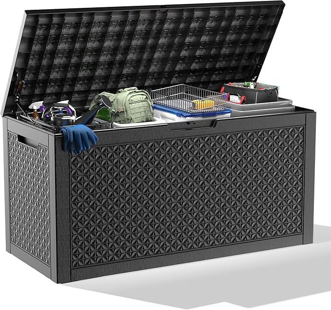 ROJIK 110 Gallon Deck Box Outdoor, Waterproof Outdoor Storage Boxes with Lids, Outside Resin Lockable Storage Box for Patio Cushions, Garden Tools(Black)