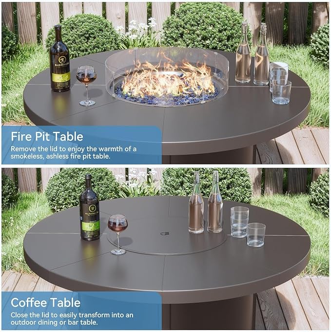 5 Piece Metal Outdoor Patio Furniture Set with 48" Round Propane Fire Pit, Outdoor Dining Table Set with 4 Fixed Chairs and 55000 BTU Outdoor Fire Pit, Navy