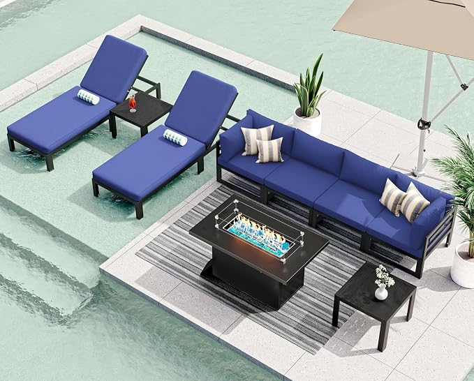 RADIATA 9 Piece Large Modern Aluminum Patio Furniture Set, Fade Resistant Modular Outdoor Conversation Set with Lounge & Fire Pit Table, 500 lbs Durable Modular Sectional Sofa for Garden, Navy Blue