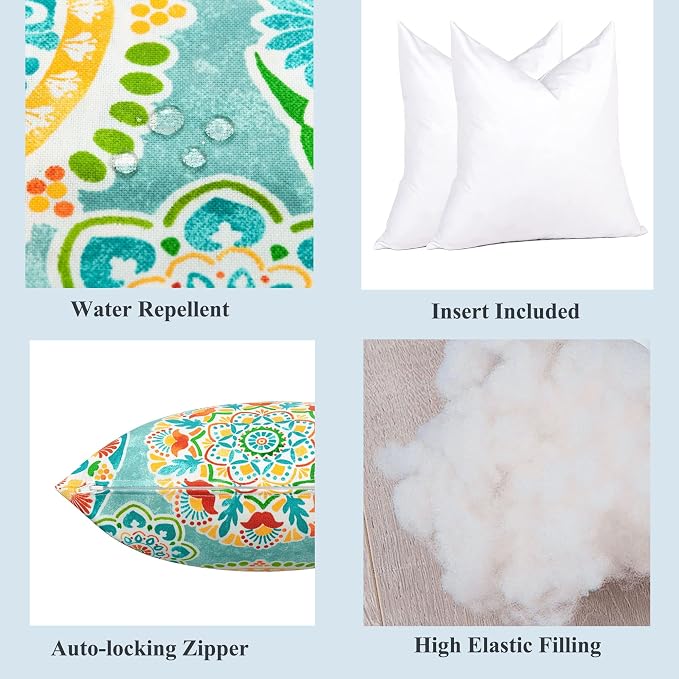 FUNHOME Outdoor Throw Pillows with Insert 18x18 Inch Pack of 2-Cyan Circle | Decorative Throw Pillows with Inserts, Water-Repellent, Square Pillows for Bed, Couch, Sofa and Patio Furniture