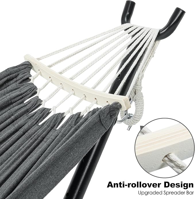 GAFETE Double Hammock with Stand for Outside, Upgraded Spreader Bar, Heavy Duty Space Saving Steel Stand 2 Person, Side Pocket, Easy Assembly, 600lbs Weight Capacity, Indoor & Outdoor (Dark Grey)