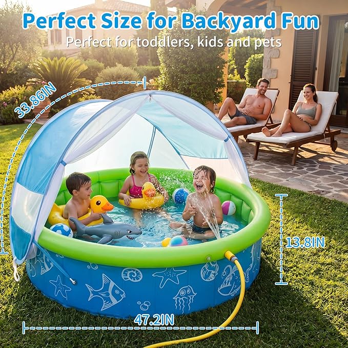 Kids Pool for Toddler, Foldable Kiddie Pool with Removable Canopy, Portable Baby Toddler Pool for Indoor Outdoor, Quick Setup No Tools, Easy Drain Non-Slip Splash Pool for Backyard & Travel (47in)