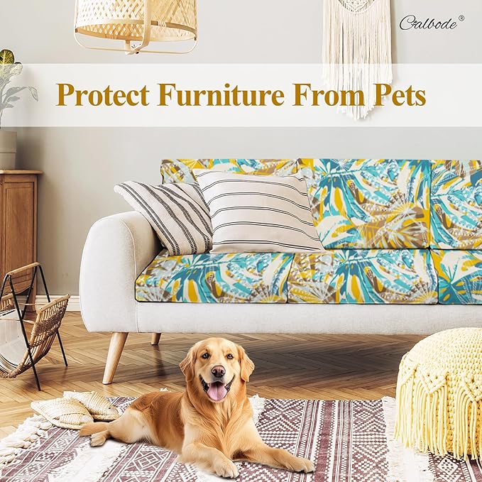 CALBODE 12pcs Outdoor Tropical Plant Printed Sofa Seat Cushion Covers Strechable, Dustproof Elastic Half-Covered Sofa Covers Washable Reusable Patio Furniture Protector（Blue and Yellow, Cover Only）