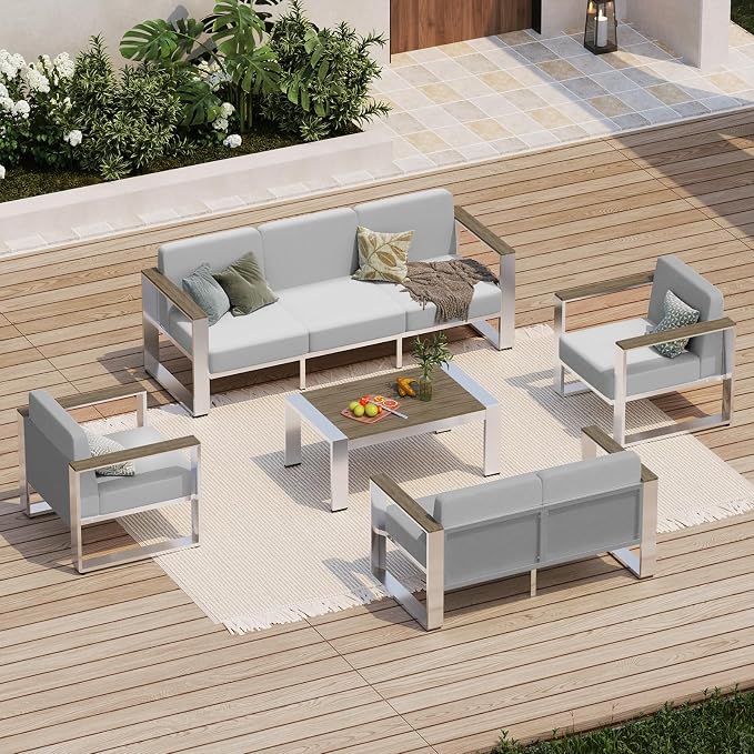 Patio Furniture Set, 5 Piece Aluminum Outdoor Furniture Set with Coffee Table, Wide Seat and Thick Cushions, Modern Outdoor Patio Conversation Sets for Deck, Porch (LightGray)