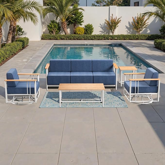 Luxury Outdoor Furniture Set with Swivel Chairs, 5 PCS Patio Furniture Set with 6" Extra Thick Cushions, Suitable for Porch, Balcony, Deck, Patio, Yard, Poolside, White/Blue