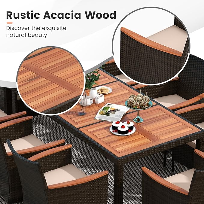 Tangkula 11 Pieces Patio Dining Set with 15ft Double-Sided LED Patio Umbrella (Base Included), Outdoor Rattan Furniture Set with 8 Stackable Chairs, Acacia Wood Dining Table and Umbrella (Navy)