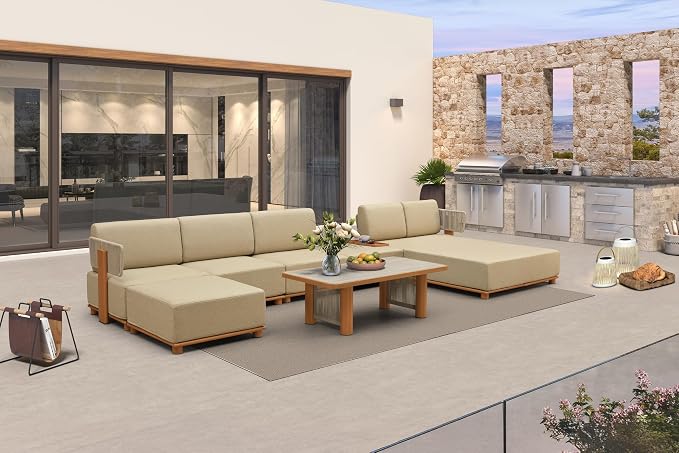 PURPLE LEAF Patio Furniture Set Modular U-Shaped Outdoor Sectional Sofa with 11" Thick Cushion 7-Piece Outdoor Conversation Set w/Daybed & White Lights for Poolside Ottomans & Table Included, Beige