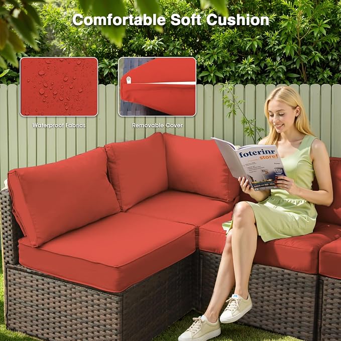 14 Piece Patio Furniture Set with Fire Pit Table, Outdoor Sectional Sofa PE Rattan, Patio Conversation Sets with Cushions for Garden Lawn Balcony Porch Deck Red