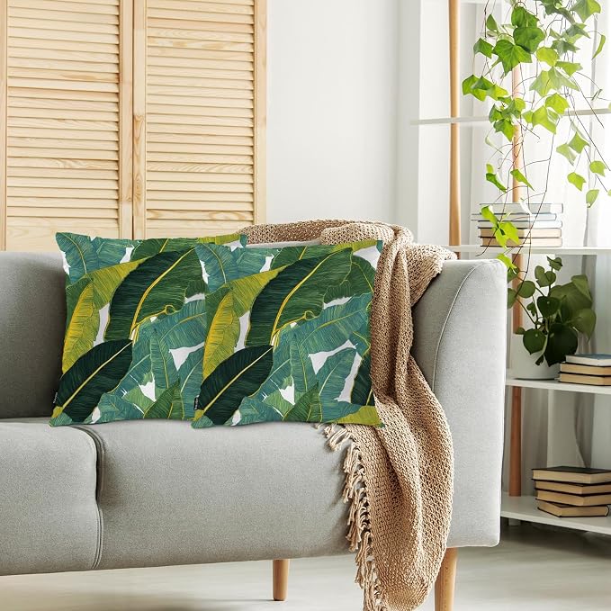 Swono Palm Leaves Home Decorative Throw Pillows Covers, Tropical Leaf Jungle Palms Set of 2 Outdoor Pillow Case for Livingroom Bedroom, Boho Pillow Cushion Covers for Man Woman 18"X18", Green