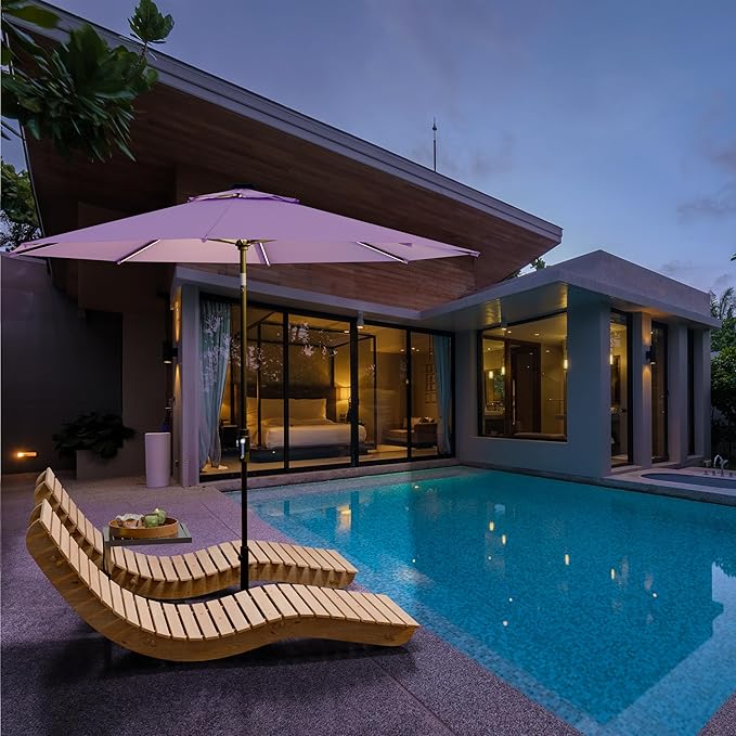 Midtown Umbrellas The LED Swilt 8 Feet Patio Umbrella With Terylast Midtown Purple Polyester Fabric - Auto-Tilt Aluminum Frame With LED Lights For Backyard, Deck, Garden, Pool - Black Pole