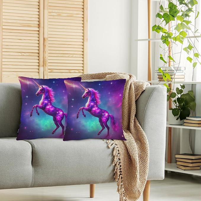 Swono Galaxy Unicorn 2Pcs Throw Pillow Covers for Men Women, Magical Unicorn Universe Galaxy Bedding Throw Pillowcase 18 X 18 Inch, Pillow Cushion Cover for Couch Sofa Bed Home
