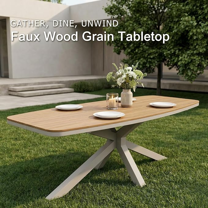 SUNSITT 9 Piece Outdoor Patio Dining Set, Patio Dining Furniture Set with 87” Aluminum Dining Table w/X Base Legs and 8 Woven Wicker Patio Chairs w/Curved Backrest for Garden, Flaxen