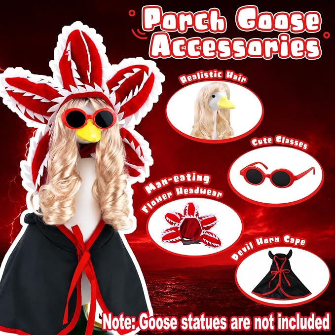 Porch Goose Spooky Monster Outfit 4 Pieces Porch Goose Alien Monster Costumes with 1 Blonde Goose Wig Creepy Plant Hat Horned Cloak Decor for Lawn Goose Statues