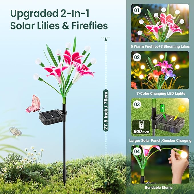 WdtPro Upgraded Solar Garden Lights Outdoor: 4 Pack Solar Firefly Swaying Light with Colorful LED Lily Flower, Waterproof Garden Decor for Yard Patio Pathway Lawn, Gifts for Women (2 Rosy+2 Pink)