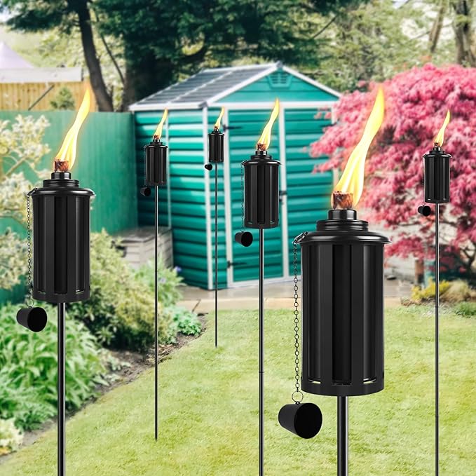 Citronella Torches Set of 6, 16 oz Garden Torches for Outside, 3-Prong Grounded Stake Outdoor Lanterns, 58 inch Outdoor Decorative Black Lanterns
