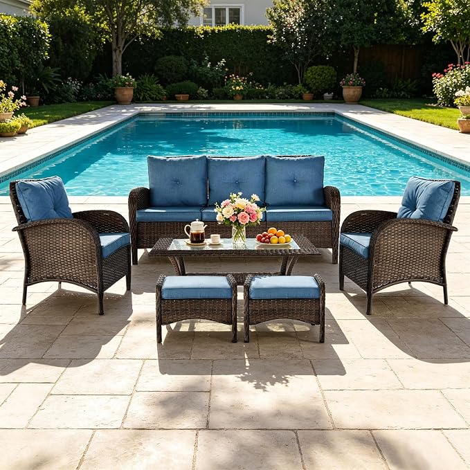 SHGJ&SOFT All Weather Patio Furniture Set, High Back Swivel Rocker Glider Chairs，Ottomans & Glass Tables, Outdoor Conversation Set for Deck Porch Yard Poolside (Blue, 7PCS-Sofa&Chairs&Ottomans&Table)