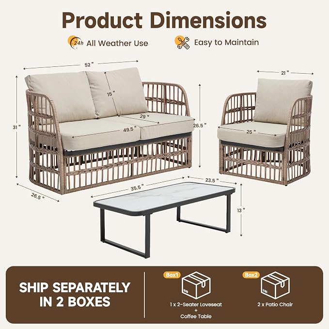 4 Piece Patio Conversation Set, Modular Outdoor Sectional Furniture Set for 4, Rattan Patio Sofa Couch with Cushions, Modern Patio Furniture Set with Coffee Table for Deck/Balcony/Porch, Beige