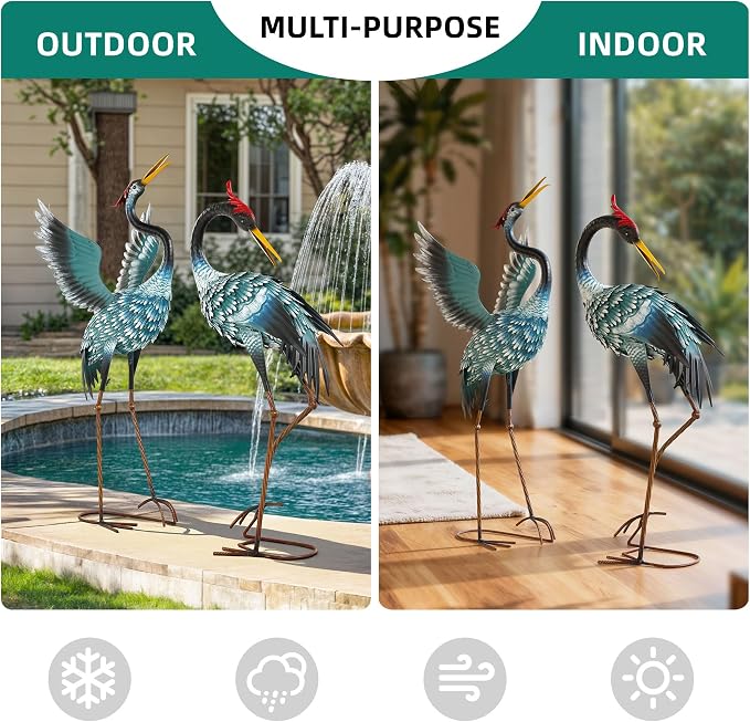 36.8" Metal Crane Statue, Blue Heron Decor Handcrafted | Garden Bird Animal Yard Art with Stable U-Ground Stakes, Lawn Ornament Decor