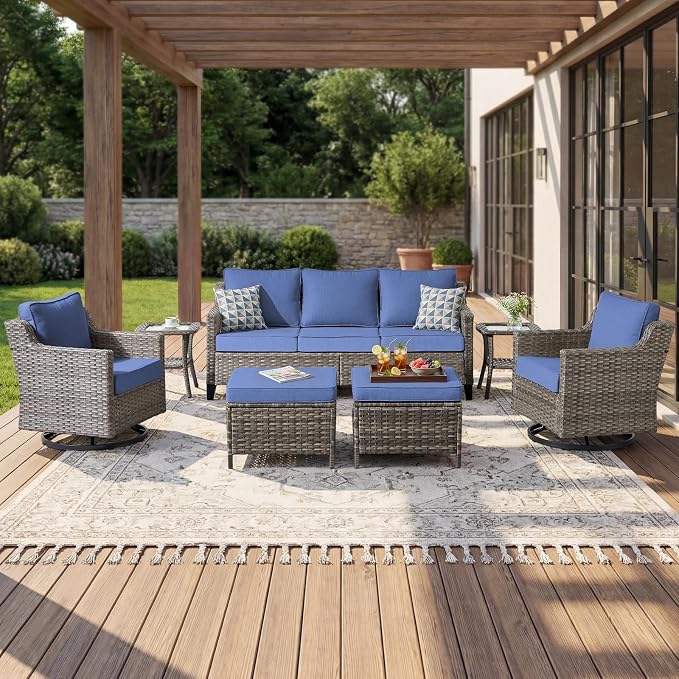 Luxury Patio Furniture sofa Set - 7 Pieces All Weather Wicker Outdoor Couch and High Back Swivel Rocker Patio Chairs with Sofa & footstools for Deck Yard and Poolside Gray Wicker | Blue Cushions