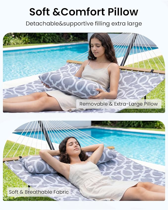 ANAGOO Double Hammock with Spreader Bar & Pillow, 2-Person Portable Hammock, 500lbs Capacity for Outdoor Camping, Patio, Backyard, Garden, Beach & Travel Relaxation – White Gray