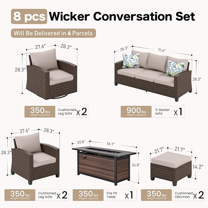SUNSHINE VALLEY Swivel Glider Patio Furniture Set Outdoor Furniture Brown Wicker Rattan Patio Conversation Sets with Cushion Outside Sofa Set,7 Pieces with Rectangular Firepit Table,9 Seats,Beige
