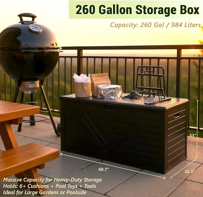 Outdoor Storage Box,260 Gallon Deck Box Outdoor Storage Bench Outside Waterproof Resin Storage Bench, Lockable Patio Cushions, Garden Tools Storage For Furniture, UV Resistant