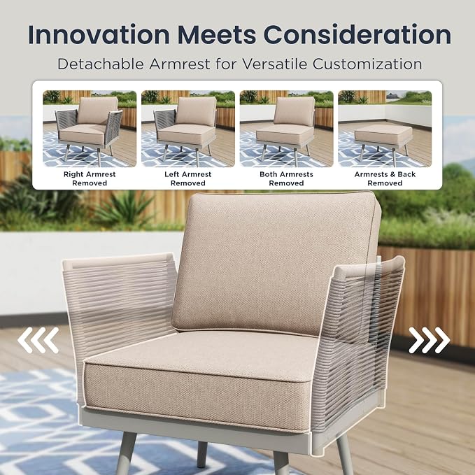 PHI VILLA 6-Piece Rope Rattan Patio Sectional Furniture Set,Modern Outdoor Conversation Set with Detachable Armrests and Grey Metal Frame,All Weather Patio Sofa with Coffee Table and Biege Cushions