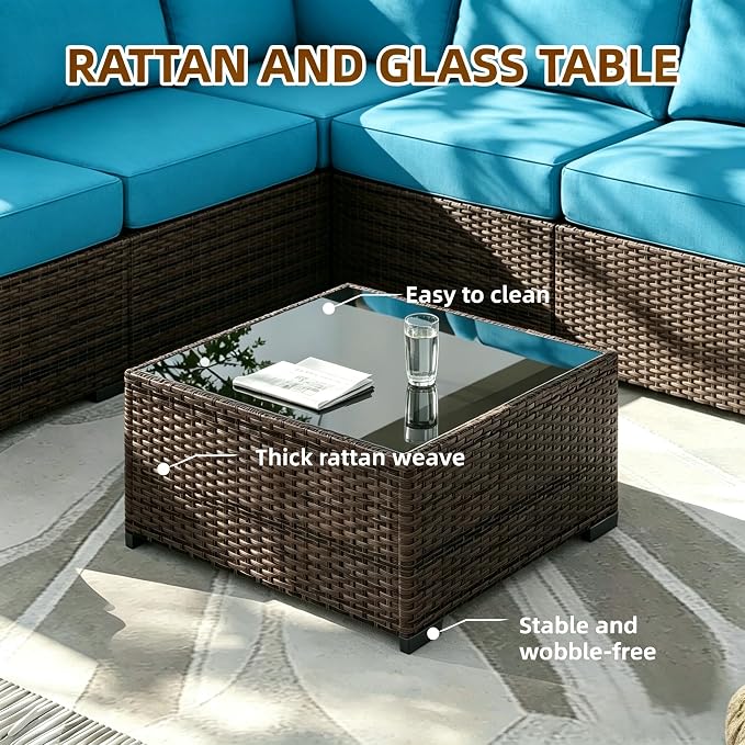 MOCHITO 5 Pcs Outdoor Patio Furniture Sets Brown Rattan Turk Blue Cushions | All-Weather Sectional Sofa, with Glass Table, PE Rattan Wicker Patio Furniture , Washable Cushions, for Balcony Porch Garden