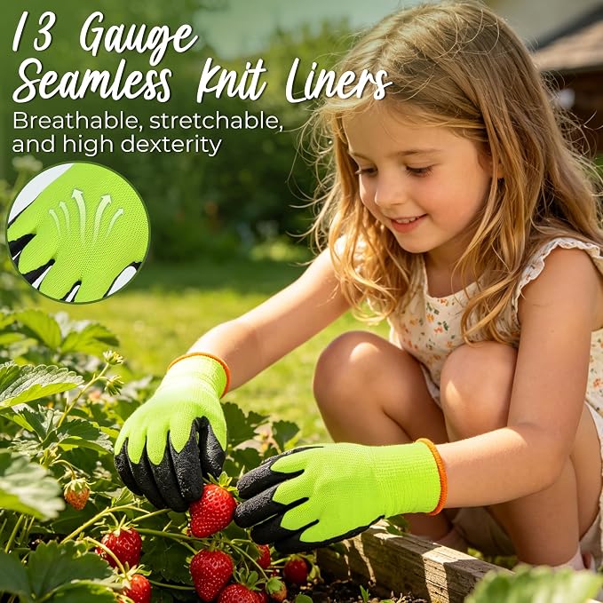 HANDLANDY 3 Pairs Kids Gardening Gloves, Grippy Kids Work Gloves, S | Foam Rubber Coated Children Toddler Garden Yard Work Cycling Outdoor Playing Gloves for Girls Boys