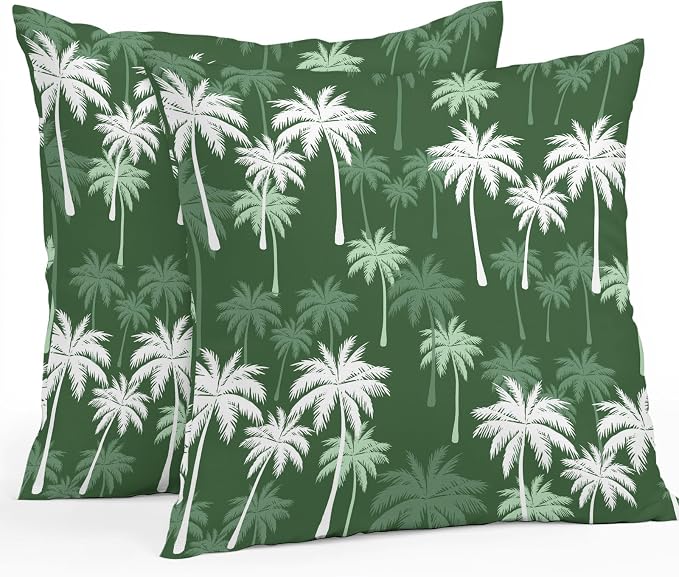 Throw Pillow Covers 16x16 Inch Set of 2, Tropical Palm Tree Waterproof Outdoor Pillow Covers, Green White Plants Coastal Leaf Beach Decorative Cushion Pillowcases for Couch, Sofa, Bed, Garden, Patio